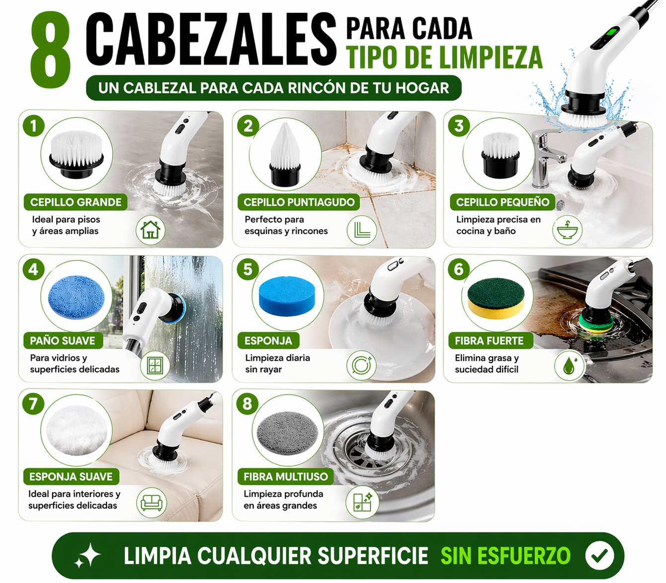 Cepillo Eléctrico de Limpieza 8 en 1 con Mango Extensible